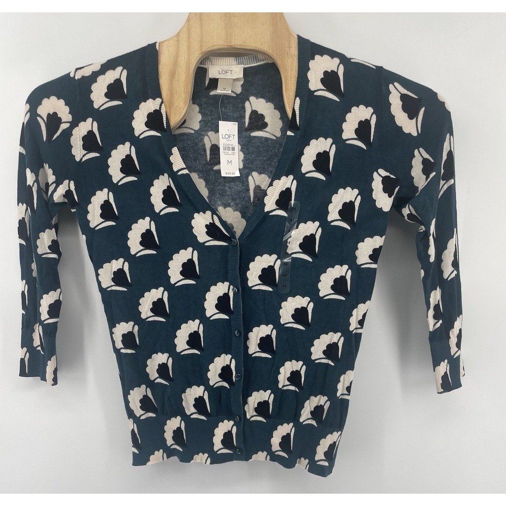LOFT Cardigan Med Teal Blue Floral Shell V-Neck 3/4 Sleeve Office Mod Retro NWT